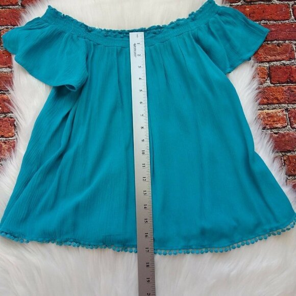 💰3/$25 Self E Off The Shoulder Peasant Top Blouse Smocked Flowy Boho XS - Picture 6 of 10
